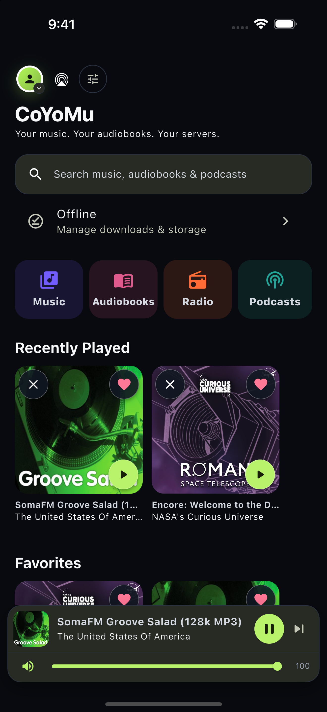 Actual CoYoMu home screen with music, audiobooks, radio, podcasts and recently played content